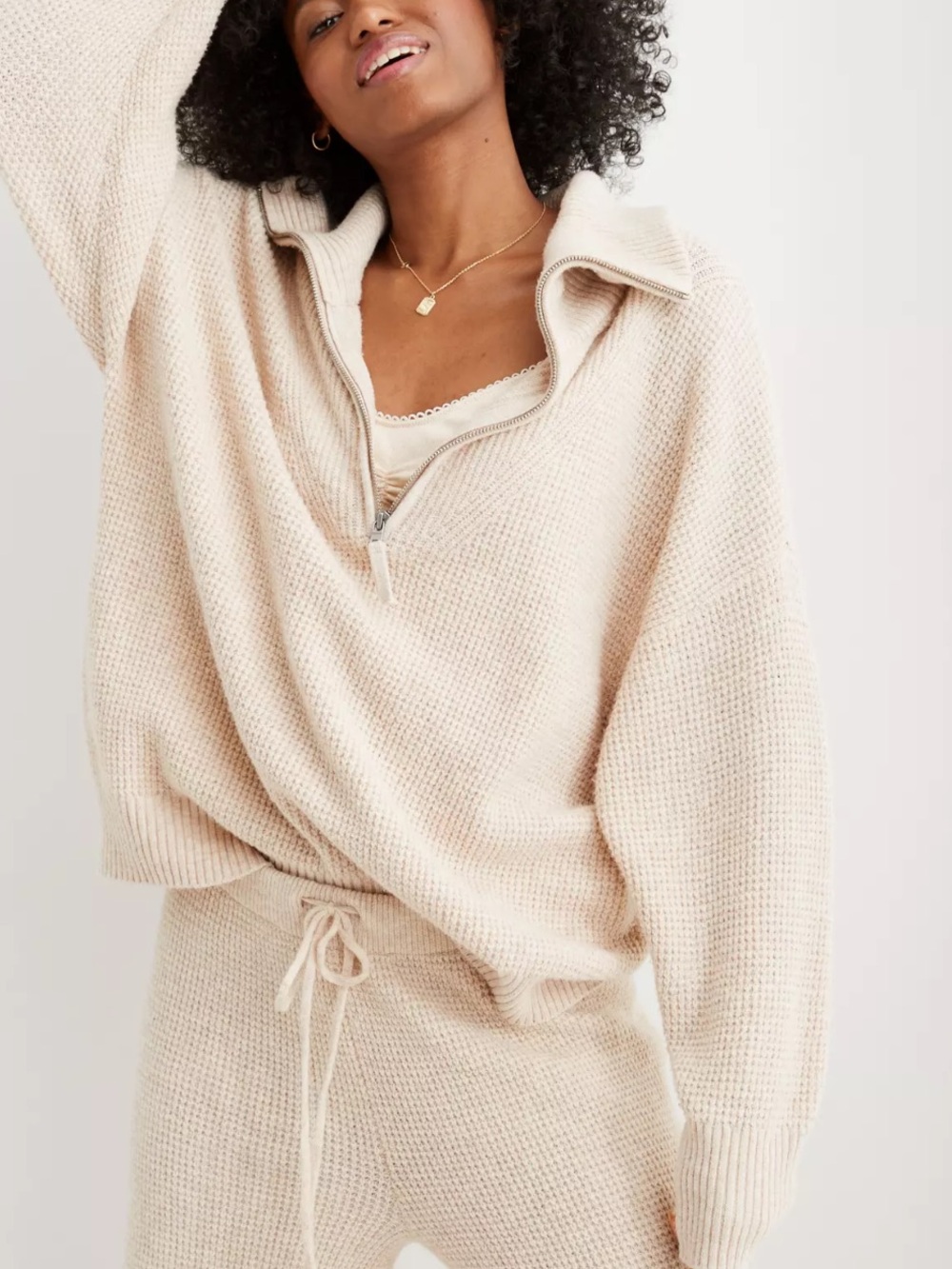 Aerie CozyUp Waffle Quarter Zip Sweater Oversized Cozy Heather Fawn Women’s XS